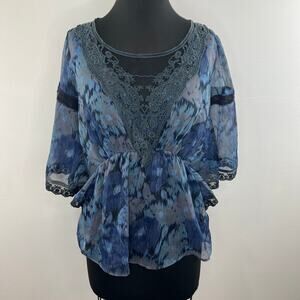 Free People Blue Round Neck Dolman Sleeve Lace Detail Cinched Waist Blouse Sz S